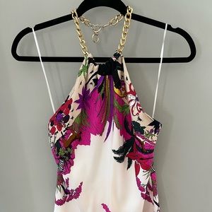 Tibi halter top with tropical flowers and bright colors, perfect for vacation!